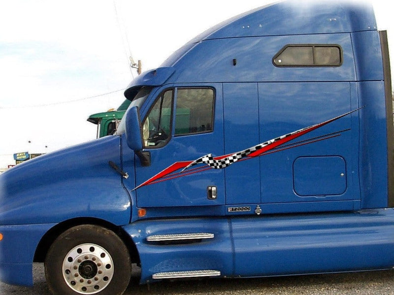checkers stripe vinyl graphics on blue semi trailer